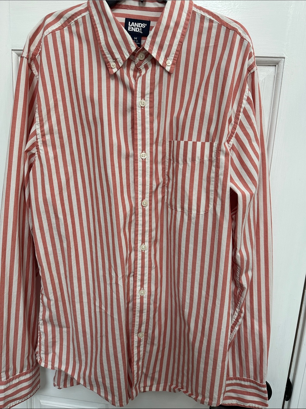 Lands' End Women's Pink and White Vertical Stripe Button-Down Shirt